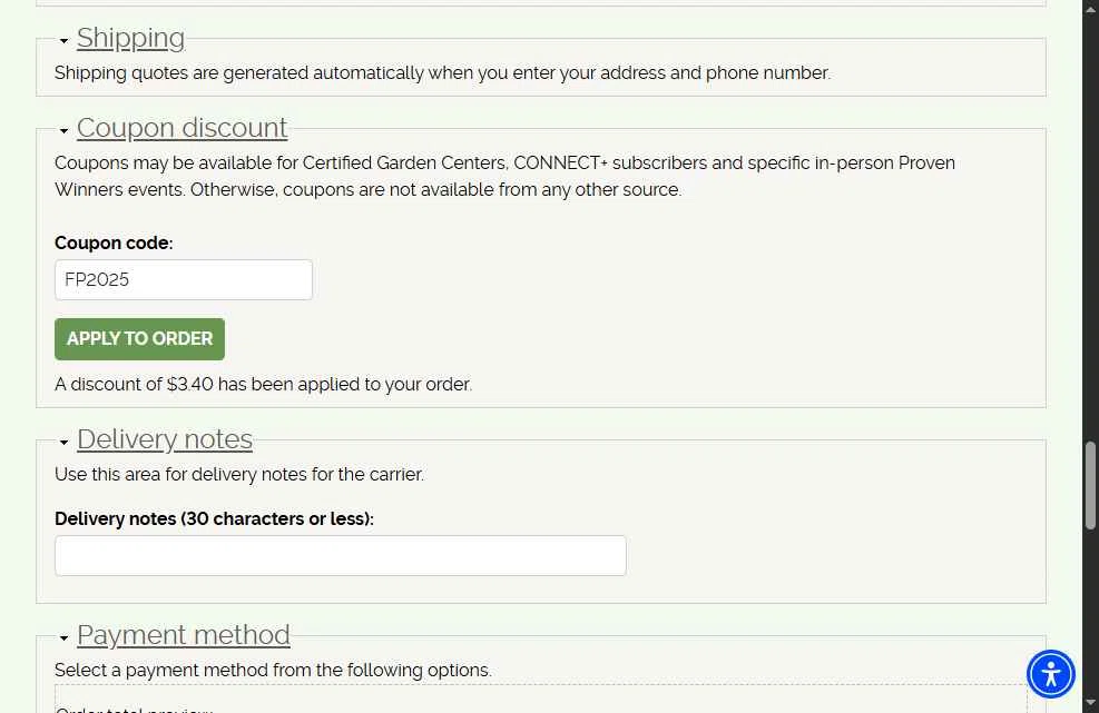Proven Winners checkout page showing Proven Winners coupon code box | Screenshot taken by SimplyCodes community member on May 17, 2025