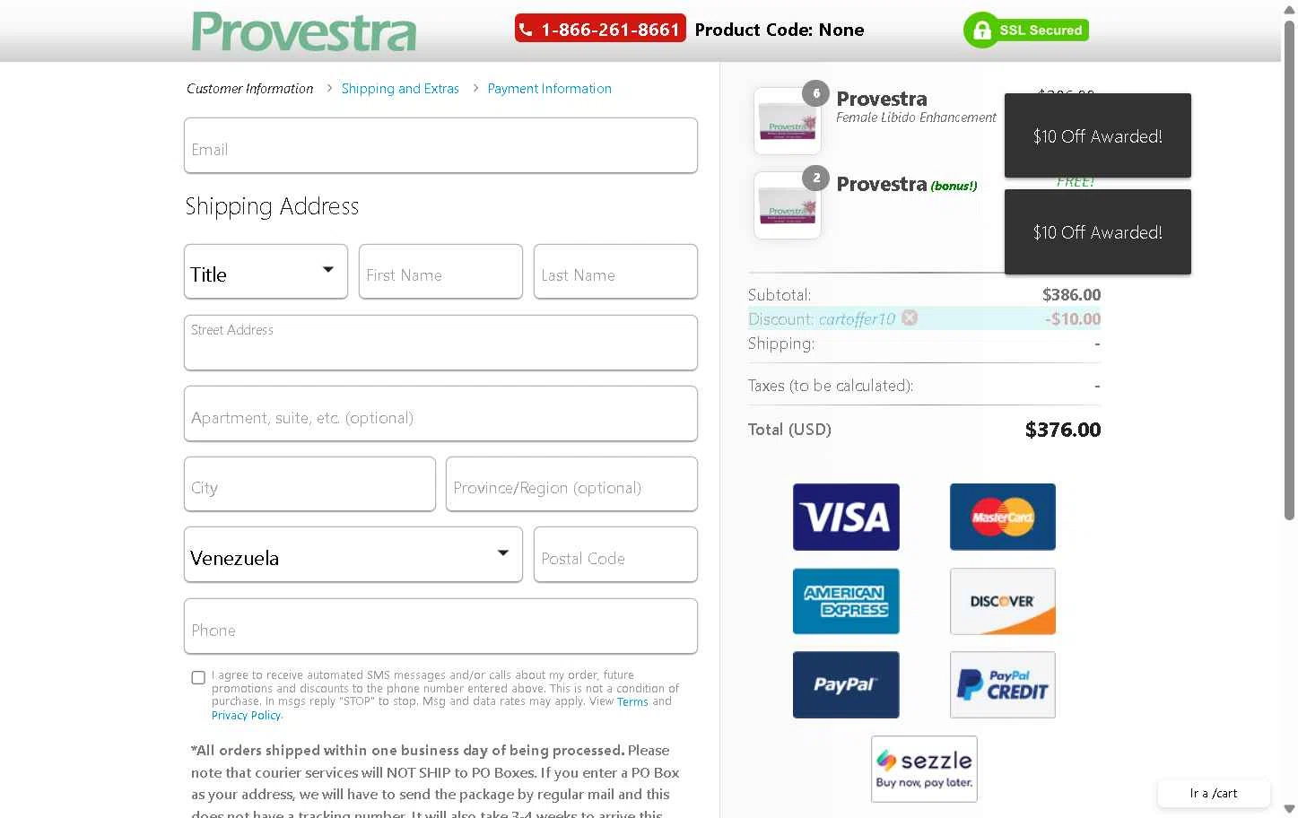 Provestra checkout page showing Provestra coupon code box | Screenshot taken by SimplyCodes community member on Dec 27, 2025