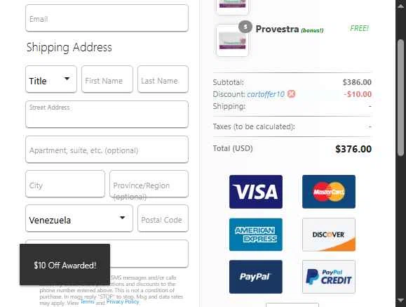 Provestra checkout page showing Provestra coupon code box | Screenshot taken by SimplyCodes community member on Aug 11, 2025