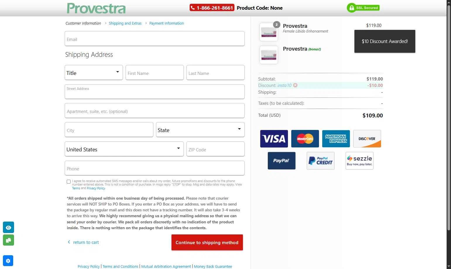 Provestra checkout page showing Provestra coupon code box | Screenshot taken by SimplyCodes community member on Oct 12, 2025