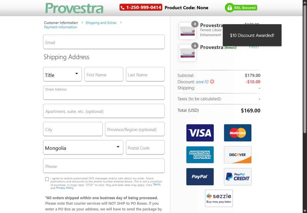 Provestra checkout page showing Provestra coupon code box | Screenshot taken by SimplyCodes community member on Aug 9, 2025