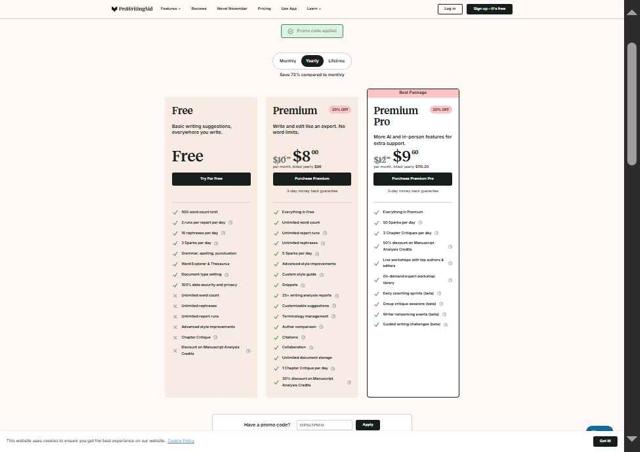 Pro Writing Aid checkout page showing Pro Writing Aid promo code box | Screenshot taken by SimplyCodes community member on Sep 2, 2025