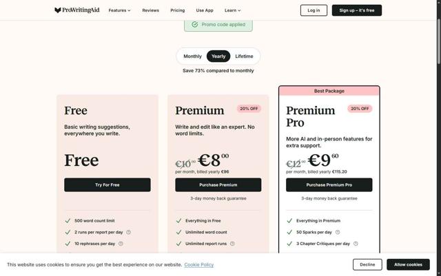 Pro Writing Aid checkout page showing Pro Writing Aid promo code box | Screenshot taken by SimplyCodes community member on Aug 31, 2025