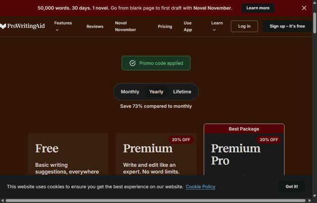 Pro Writing Aid checkout page showing Pro Writing Aid promo code box | Screenshot taken by SimplyCodes community member on Sep 7, 2025
