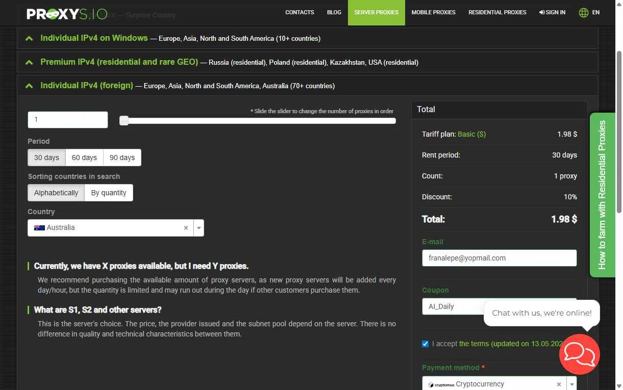 Proxys.io checkout page showing Proxys.io promo code box | Screenshot taken by SimplyCodes community member on Nov 22, 2025