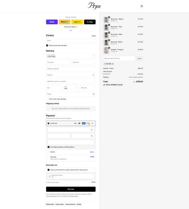 Prps Jeans checkout page showing Prps Jeans coupon code box | Screenshot taken by SimplyCodes community member on Sep 6, 2025