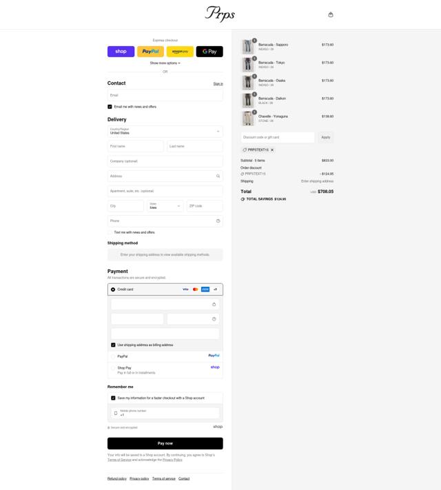 Prps Jeans checkout page showing Prps Jeans coupon code box | Screenshot taken by SimplyCodes community member on Sep 10, 2025
