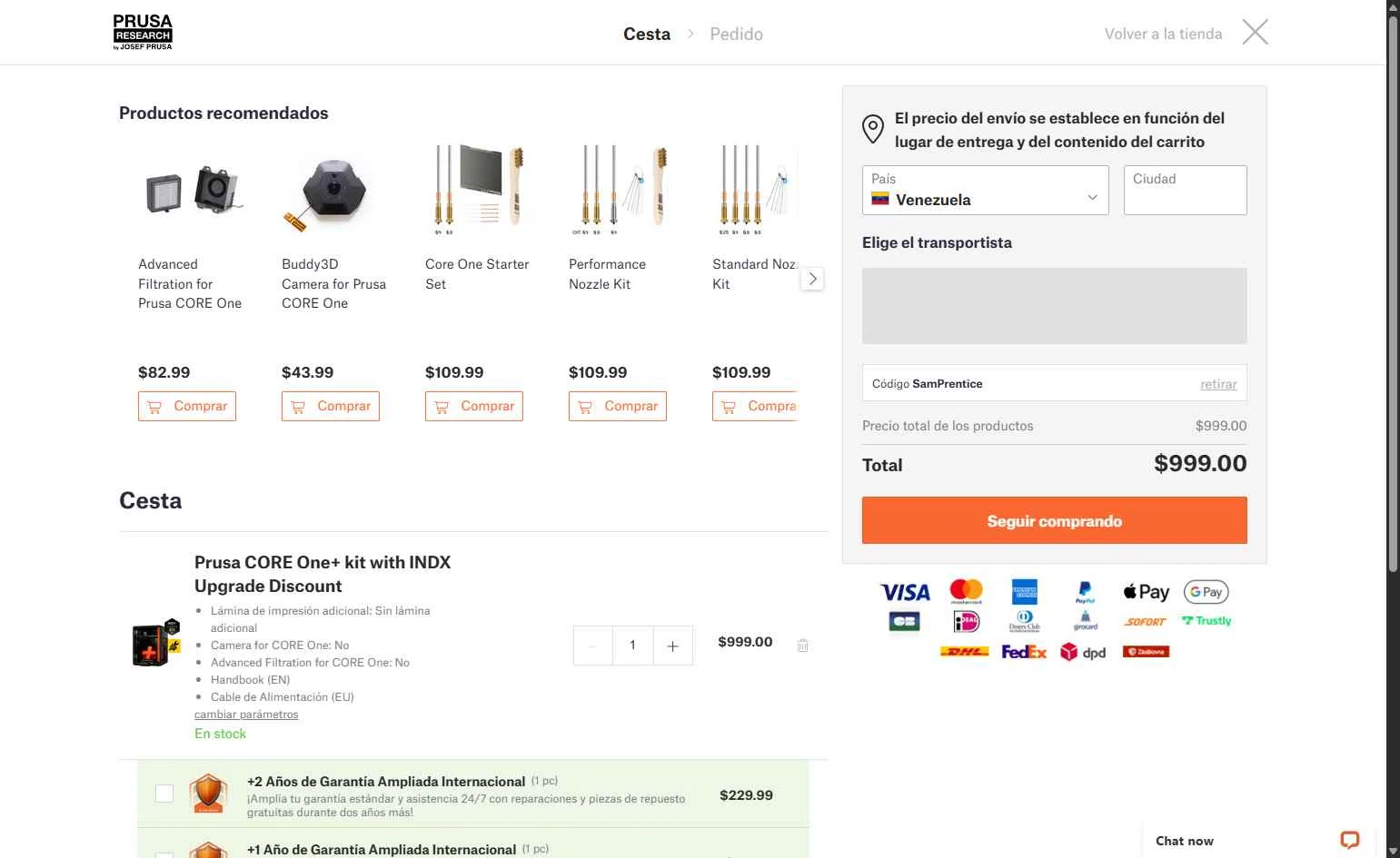 Prusa checkout page showing Prusa discount code box | Screenshot taken by SimplyCodes community member on Feb 3, 2026