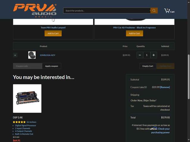 PRV Audio checkout page showing PRV Audio coupon code box | Screenshot taken by SimplyCodes community member on Aug 8, 2025