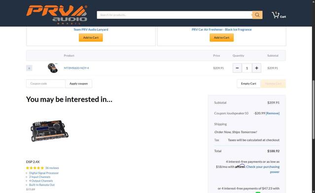 PRV Audio checkout page showing PRV Audio coupon code box | Screenshot taken by SimplyCodes community member on Aug 8, 2025