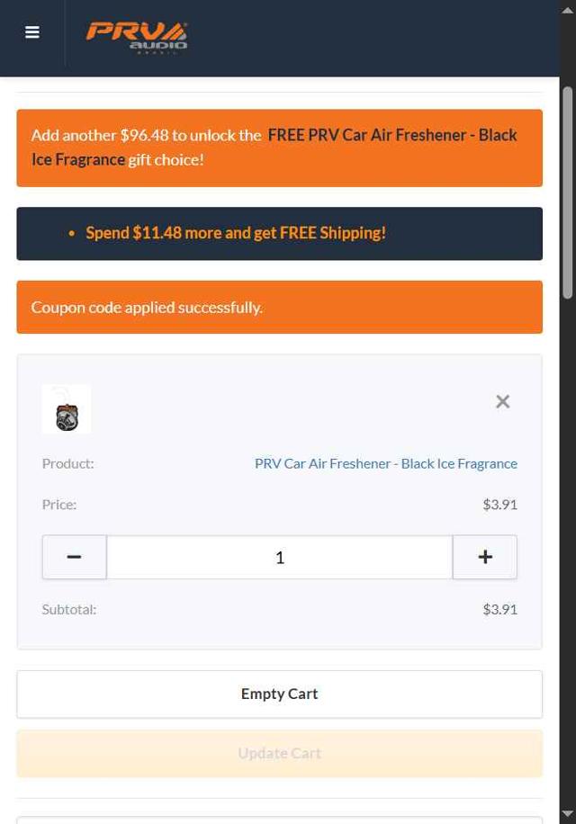 PRV Audio checkout page showing PRV Audio coupon code box | Screenshot taken by SimplyCodes community member on Aug 17, 2025