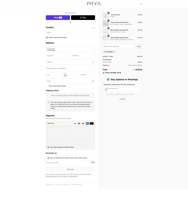 PRYA checkout page showing PRYA discount code box | Screenshot taken by SimplyCodes community member on Aug 16, 2025