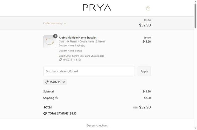 PRYA checkout page showing PRYA discount code box | Screenshot taken by SimplyCodes community member on Jul 31, 2025
