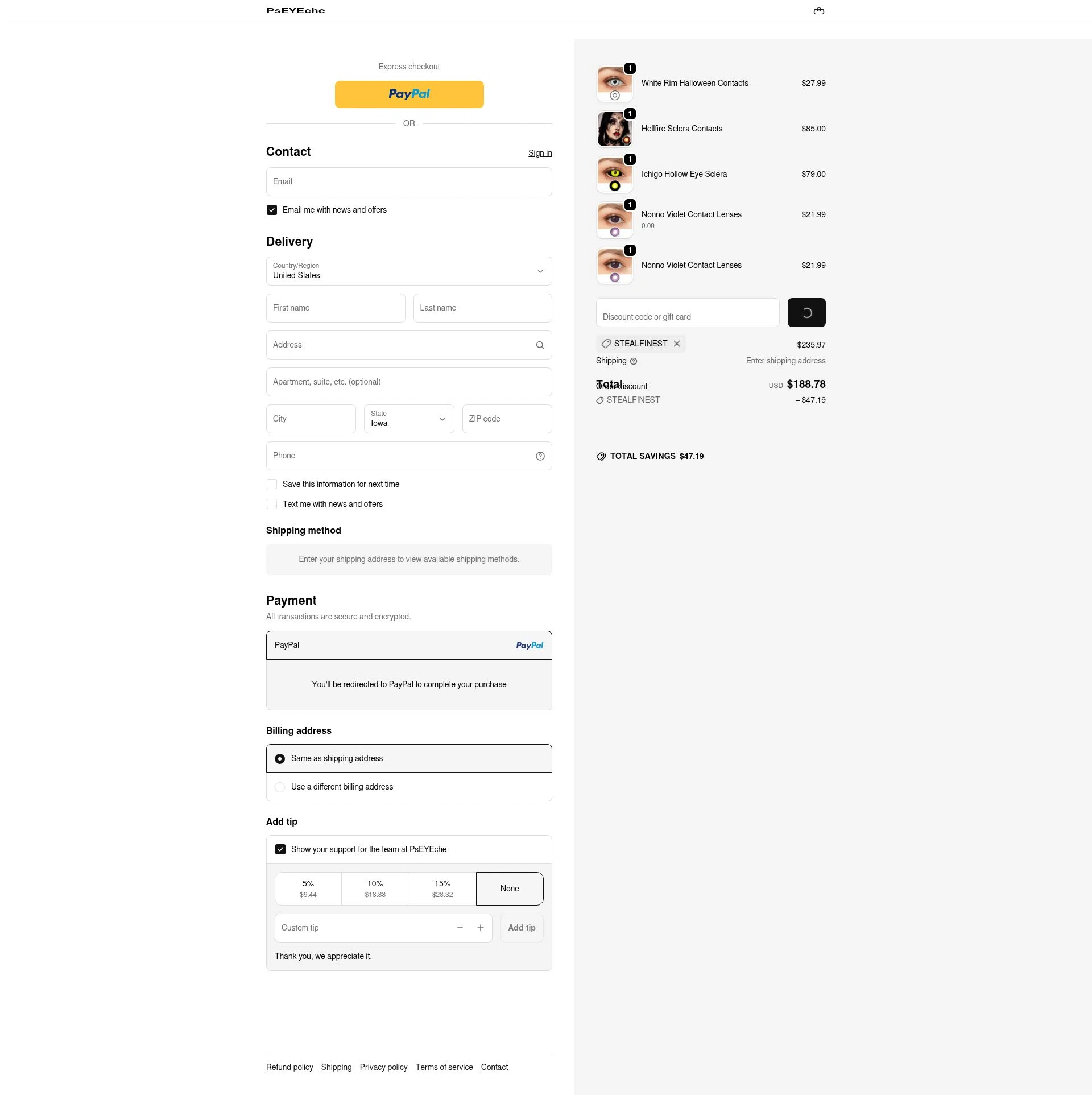 PsEYEche checkout page showing PsEYEche discount code box | Screenshot taken by SimplyCodes community member on Feb 21, 2026