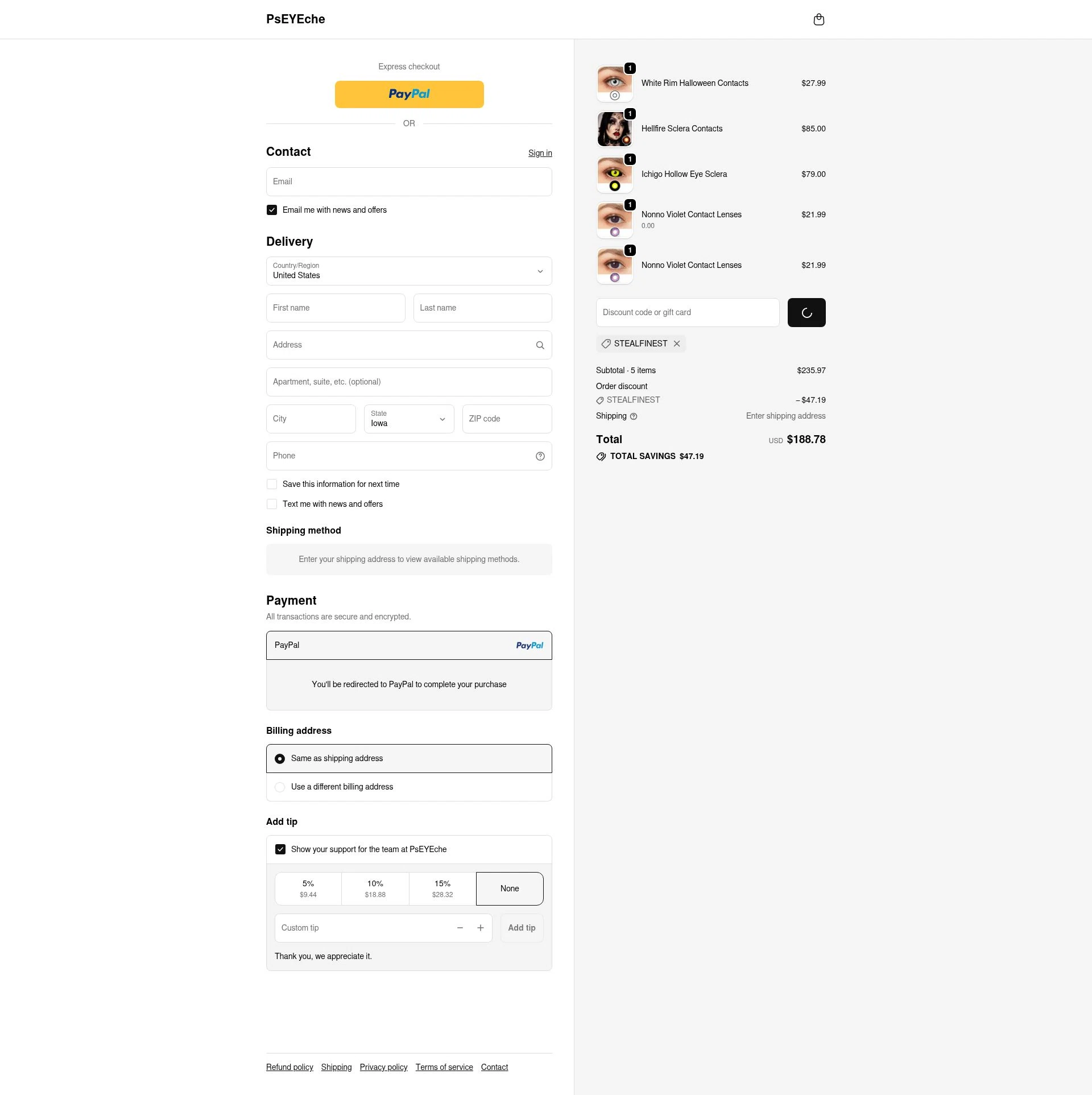 PsEYEche checkout page showing PsEYEche discount code box | Screenshot taken by SimplyCodes community member on Feb 23, 2026
