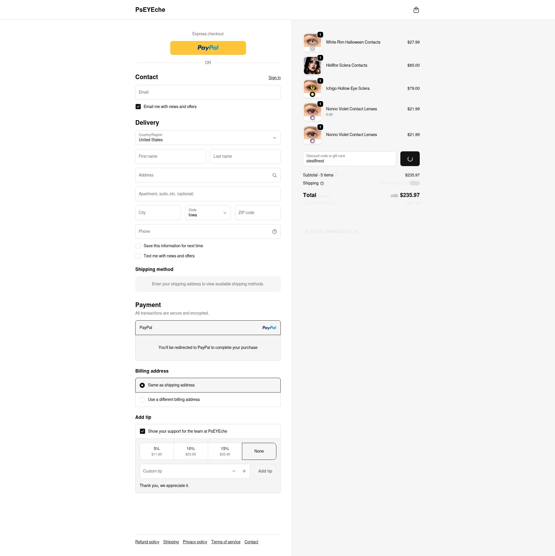 PsEYEche checkout page showing PsEYEche discount code box | Screenshot taken by SimplyCodes community member on Feb 23, 2026