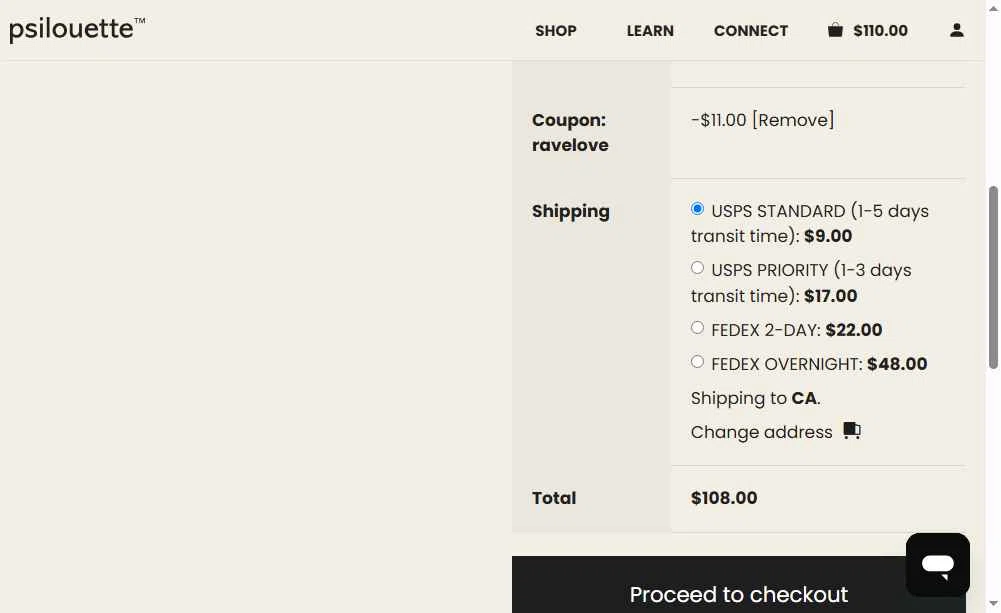 Psilouette checkout page showing Psilouette coupon code box | Screenshot taken by SimplyCodes community member on May 18, 2025