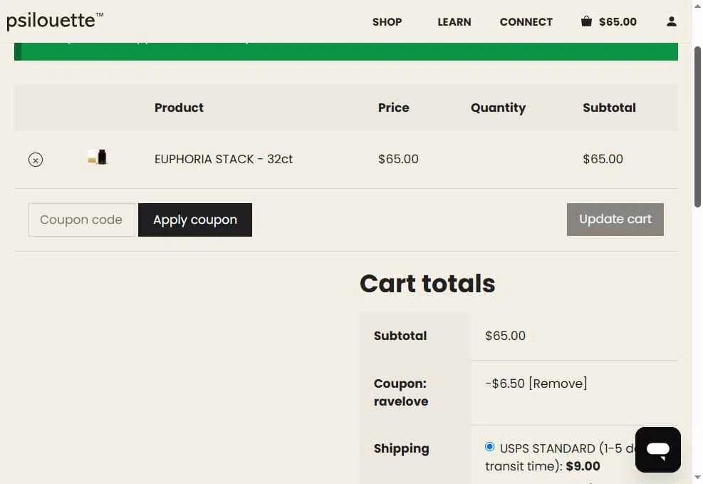 Psilouette checkout page showing Psilouette coupon code box | Screenshot taken by SimplyCodes community member on May 18, 2025