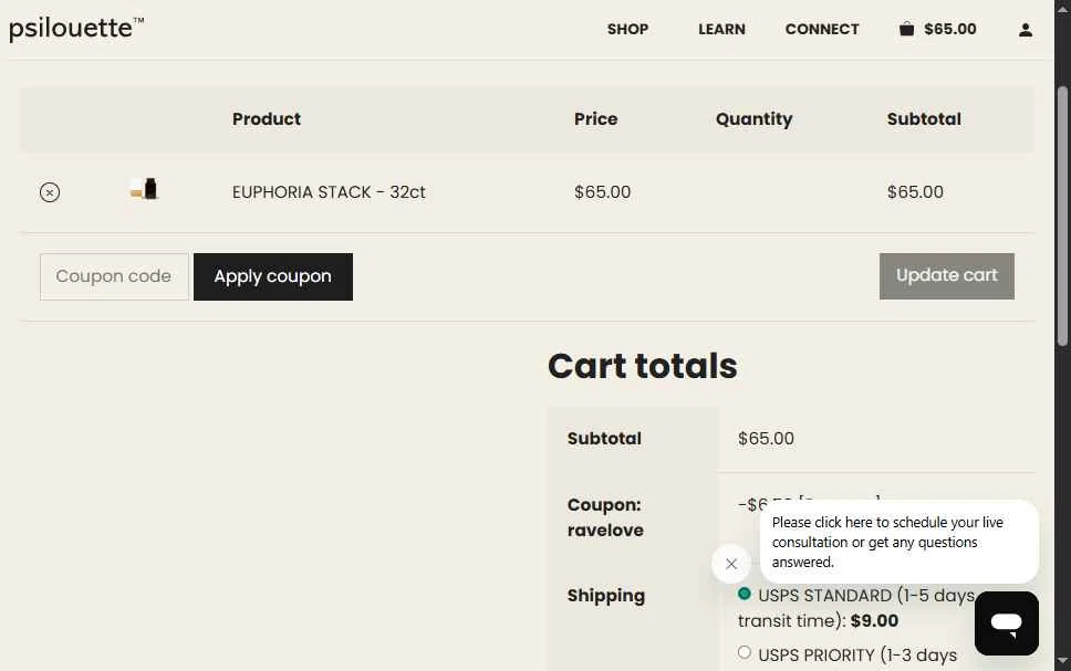 Psilouette checkout page showing Psilouette coupon code box | Screenshot taken by SimplyCodes community member on Jul 28, 2025