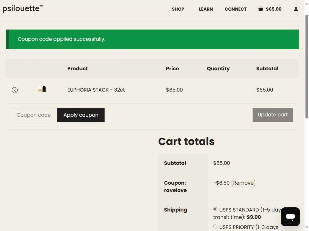 Psilouette checkout page showing Psilouette coupon code box | Screenshot taken by SimplyCodes community member on May 18, 2025