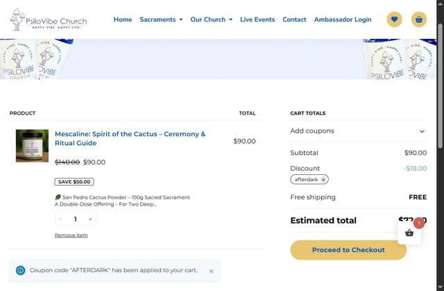 PsiloVibe Church checkout page showing PsiloVibe Church discount code box | Screenshot taken by SimplyCodes community member on Aug 6, 2025