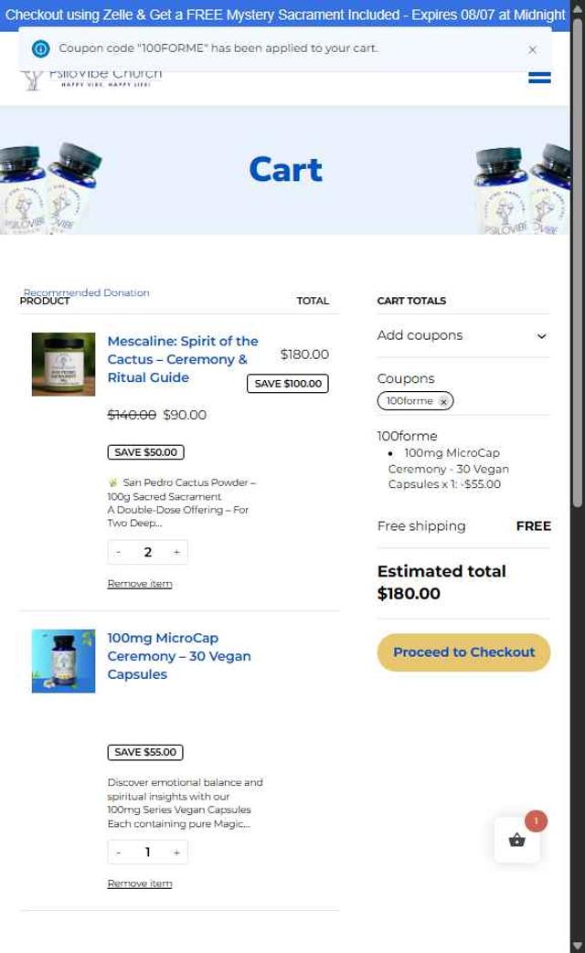 PsiloVibe Church checkout page showing PsiloVibe Church discount code box | Screenshot taken by SimplyCodes community member on Aug 8, 2025