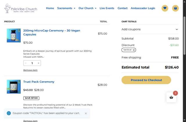 PsiloVibe Church checkout page showing PsiloVibe Church discount code box | Screenshot taken by SimplyCodes community member on Aug 21, 2025