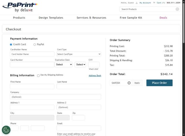 PsPrint checkout page showing PsPrint coupon code box | Screenshot taken by SimplyCodes community member on Aug 18, 2025