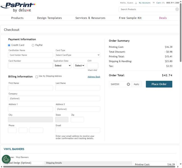 PsPrint checkout page showing PsPrint coupon code box | Screenshot taken by SimplyCodes community member on Jun 4, 2025
