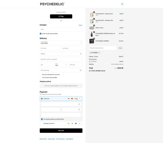 Psychedelic Water checkout page showing Psychedelic Water discount code box | Screenshot taken by SimplyCodes community member on Sep 13, 2025