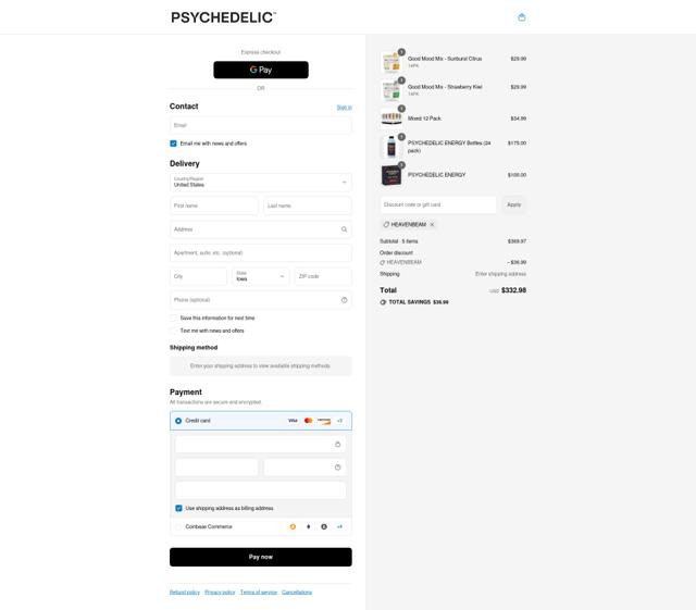 Psychedelic Water checkout page showing Psychedelic Water discount code box | Screenshot taken by SimplyCodes community member on Sep 13, 2025