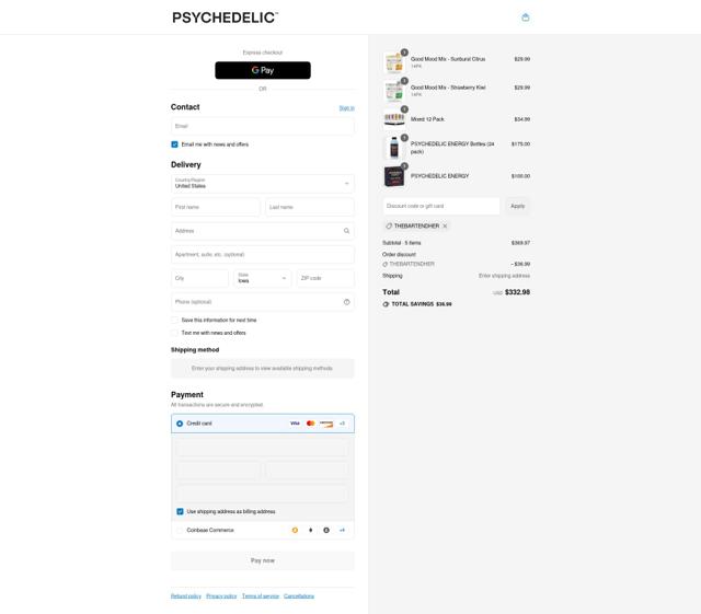 Psychedelic Water checkout page showing Psychedelic Water discount code box | Screenshot taken by SimplyCodes community member on Sep 13, 2025