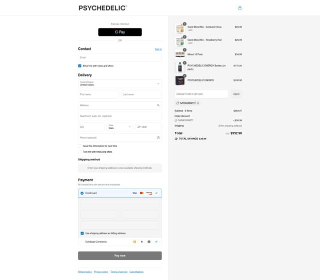 Psychedelic Water checkout page showing Psychedelic Water discount code box | Screenshot taken by SimplyCodes community member on Sep 13, 2025