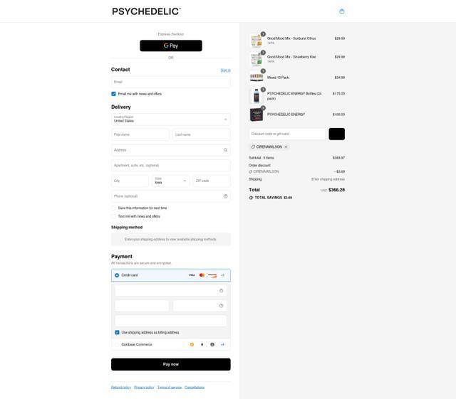 Psychedelic Water checkout page showing Psychedelic Water discount code box | Screenshot taken by SimplyCodes community member on Sep 13, 2025