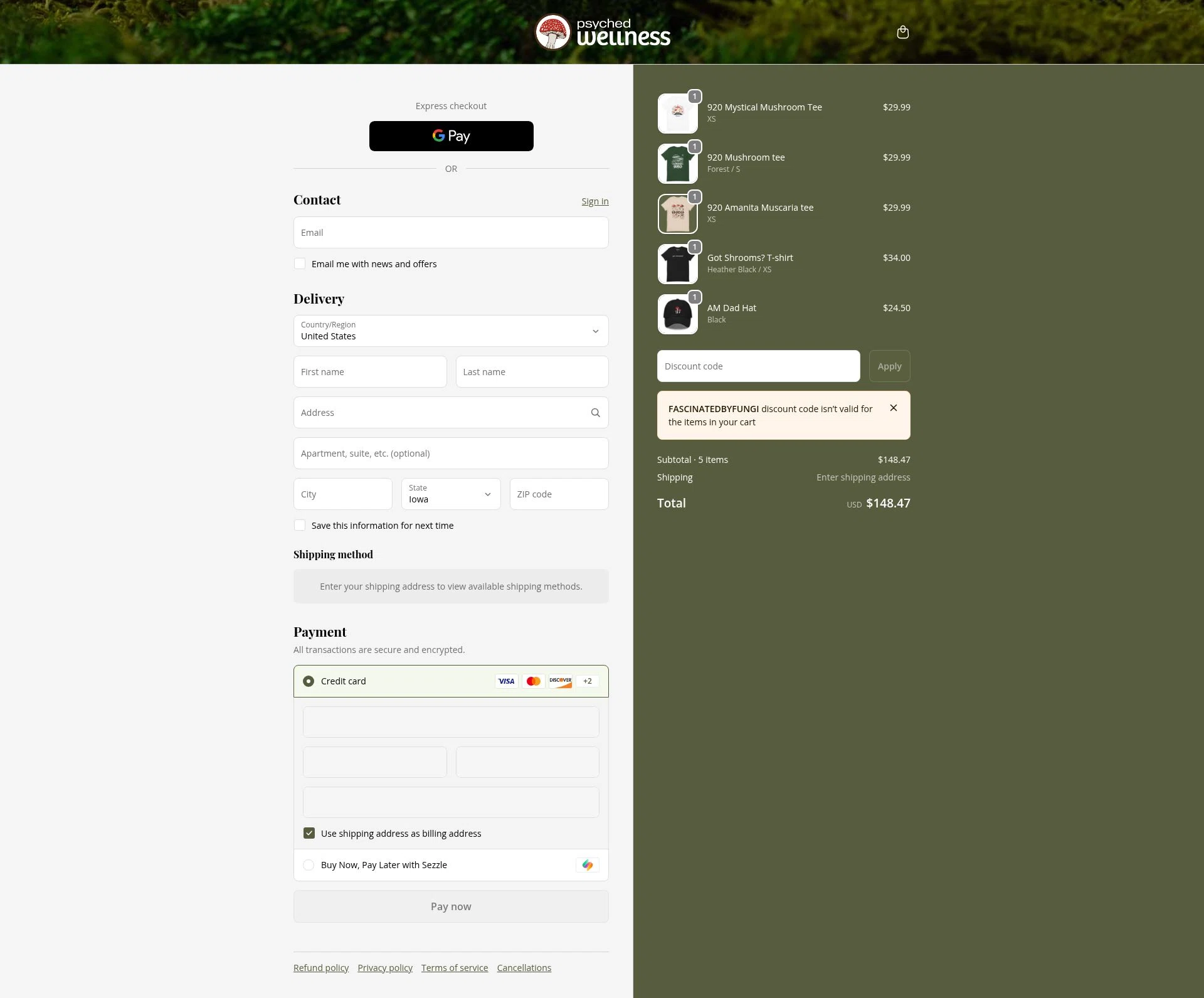 Psyched Wellness checkout page showing Psyched Wellness discount code box | Screenshot taken by SimplyCodes community member on Dec 28, 2025