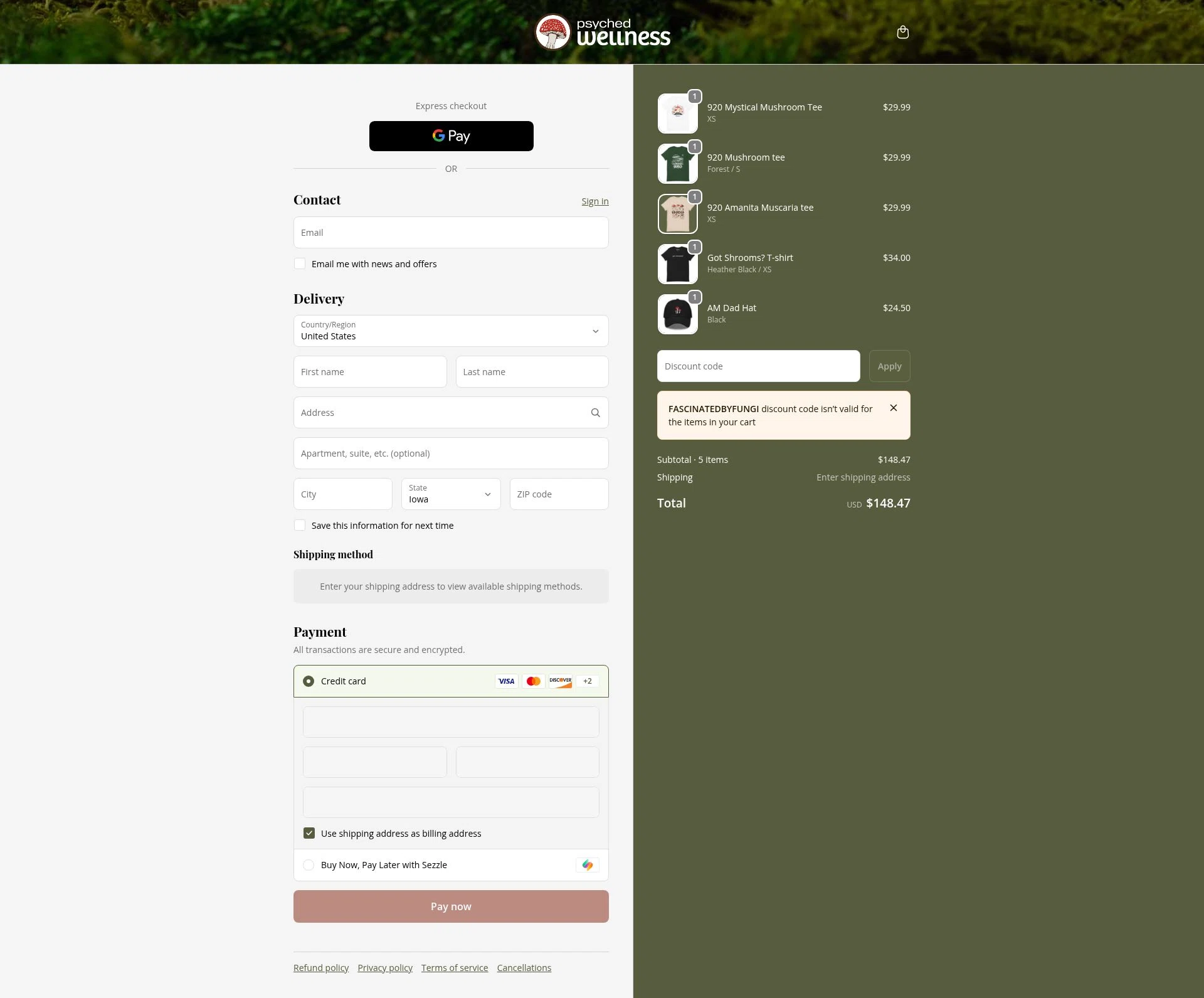 Psyched Wellness checkout page showing Psyched Wellness discount code box | Screenshot taken by SimplyCodes community member on Dec 23, 2025