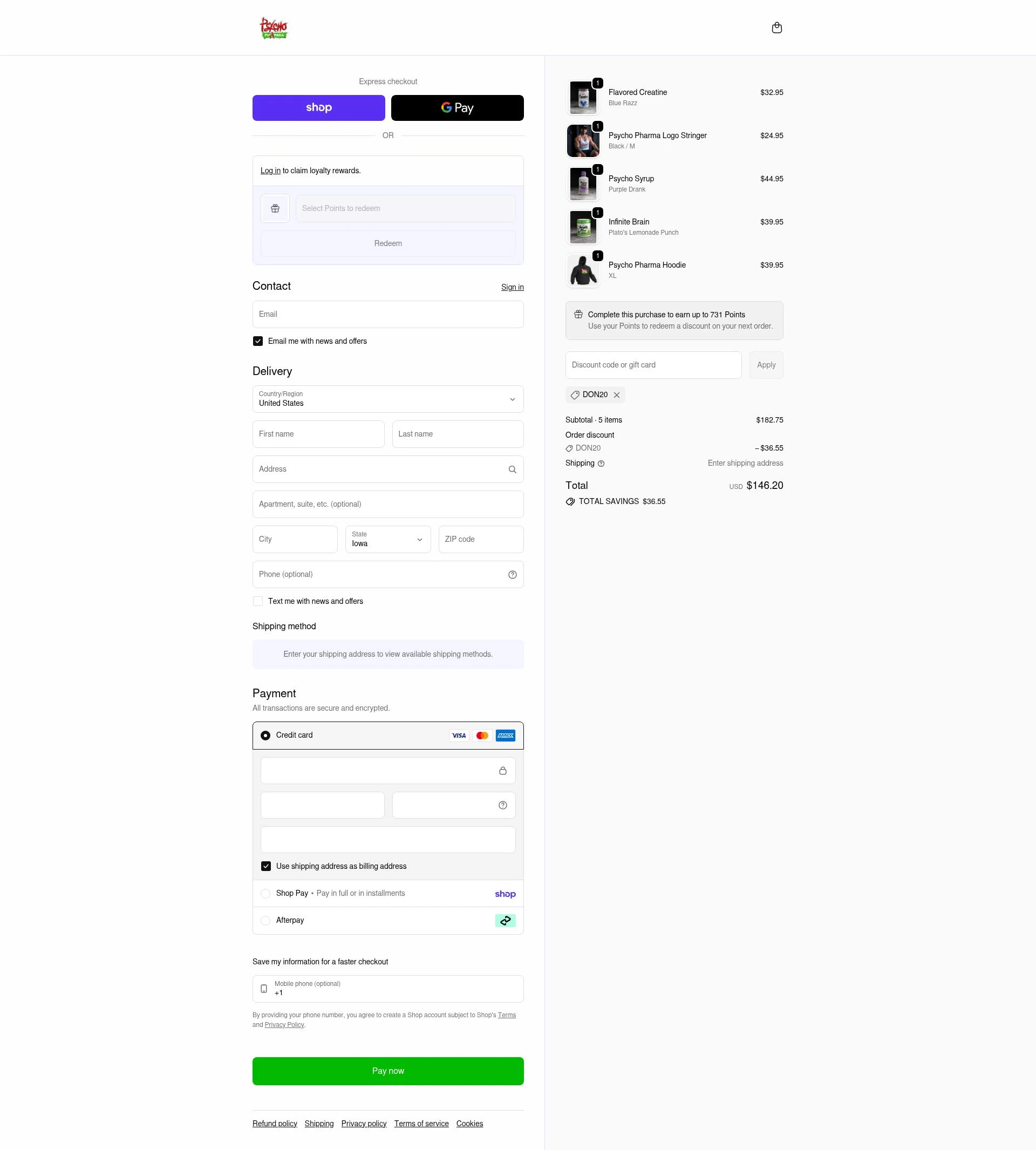 Psycho Pharma checkout page showing Psycho Pharma discount code box | Screenshot taken by SimplyCodes community member on Feb 11, 2026