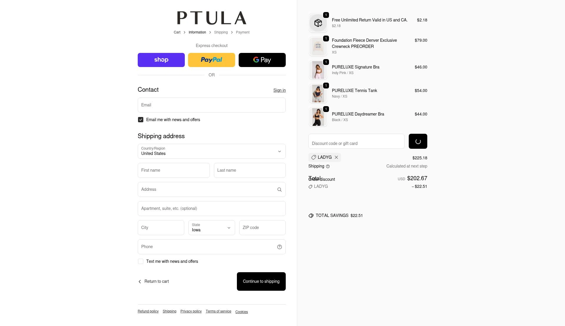 Ptula checkout page showing Ptula discount code box | Screenshot taken by SimplyCodes community member on Feb 17, 2026