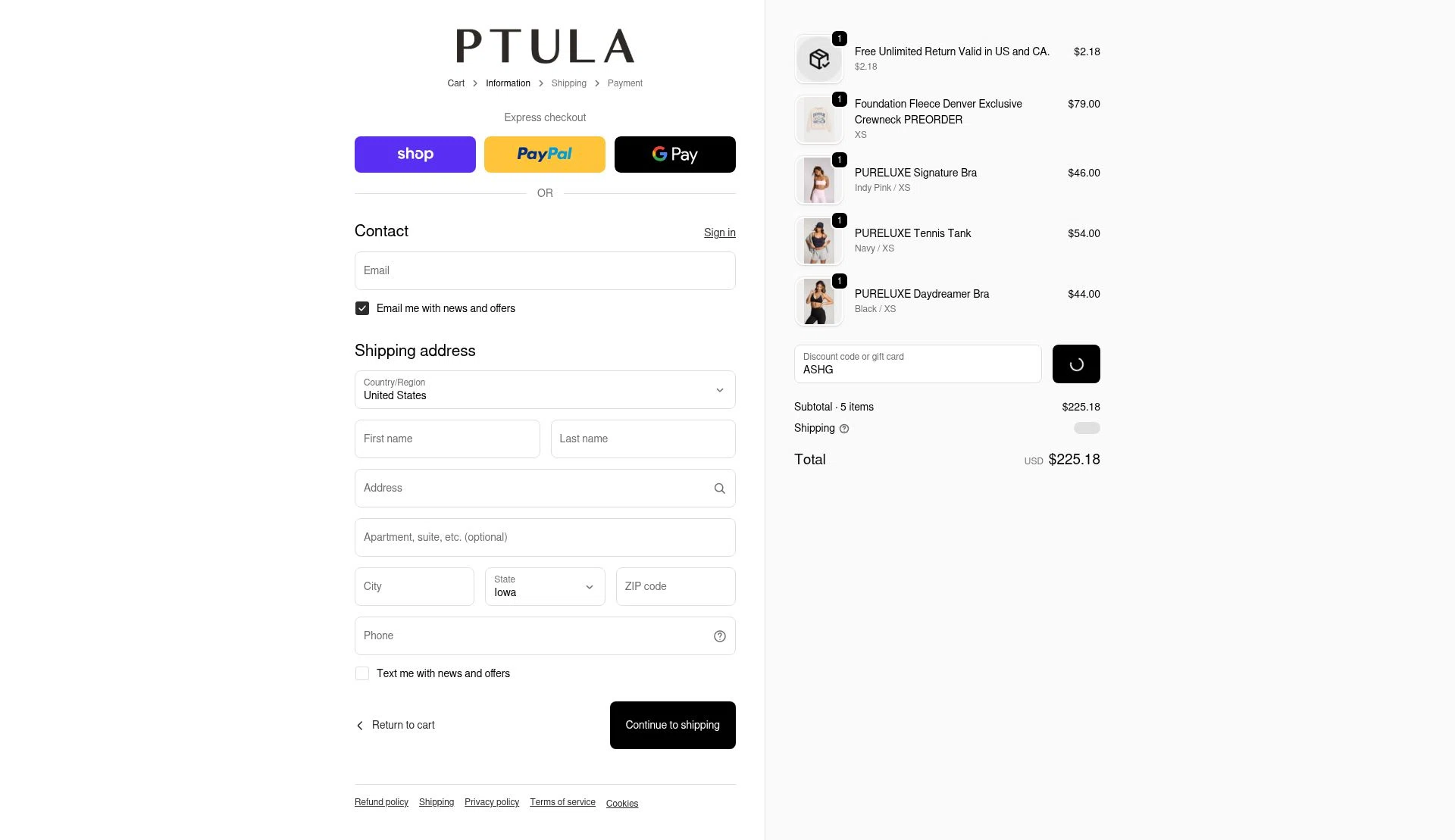 Ptula checkout page showing Ptula discount code box | Screenshot taken by SimplyCodes community member on Feb 17, 2026