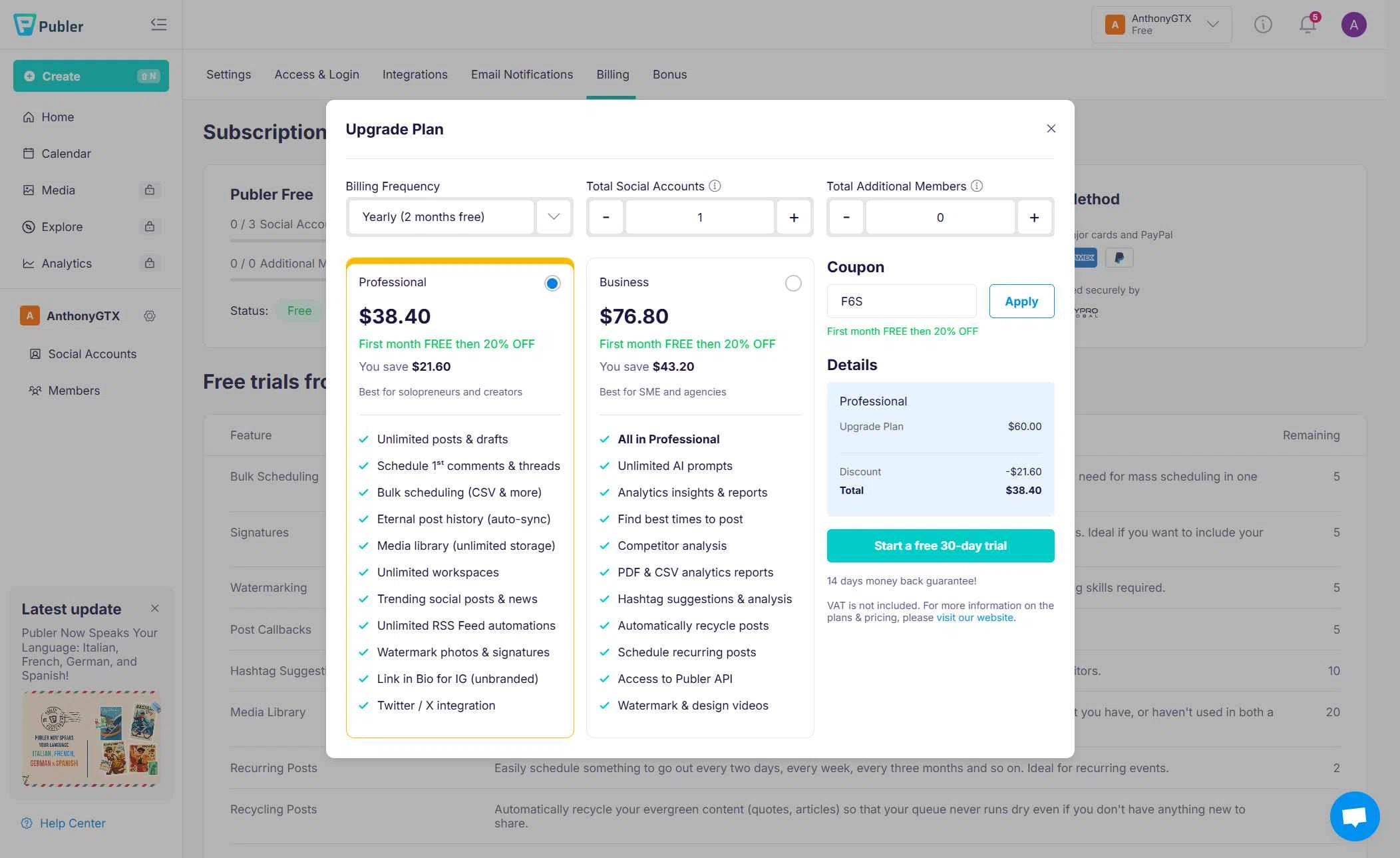 Publer checkout page showing Publer promo code box | Screenshot taken by SimplyCodes community member on Aug 22, 2025