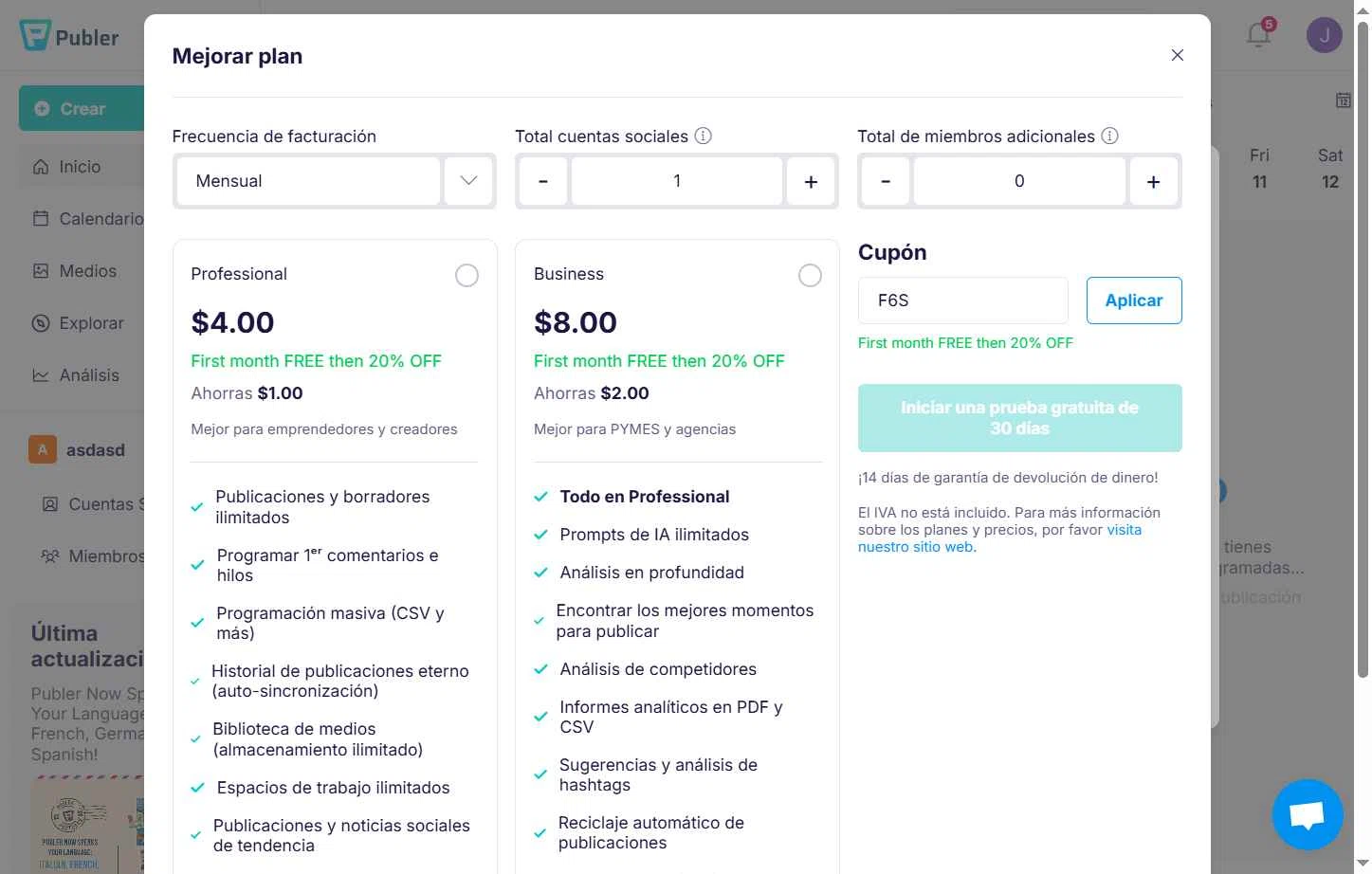 Publer checkout page showing Publer promo code box | Screenshot taken by SimplyCodes community member on Jul 8, 2025
