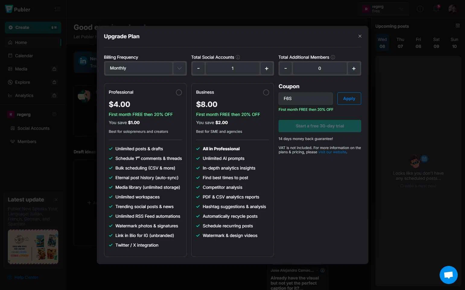 Publer checkout page showing Publer promo code box | Screenshot taken by SimplyCodes community member on Aug 6, 2025