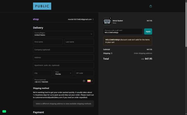 Public Bikes checkout page showing Public Bikes promo code box | Screenshot taken by SimplyCodes community member on Sep 8, 2025