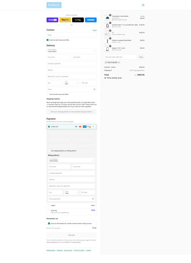 Public Bikes checkout page showing Public Bikes promo code box | Screenshot taken by SimplyCodes community member on Aug 25, 2025