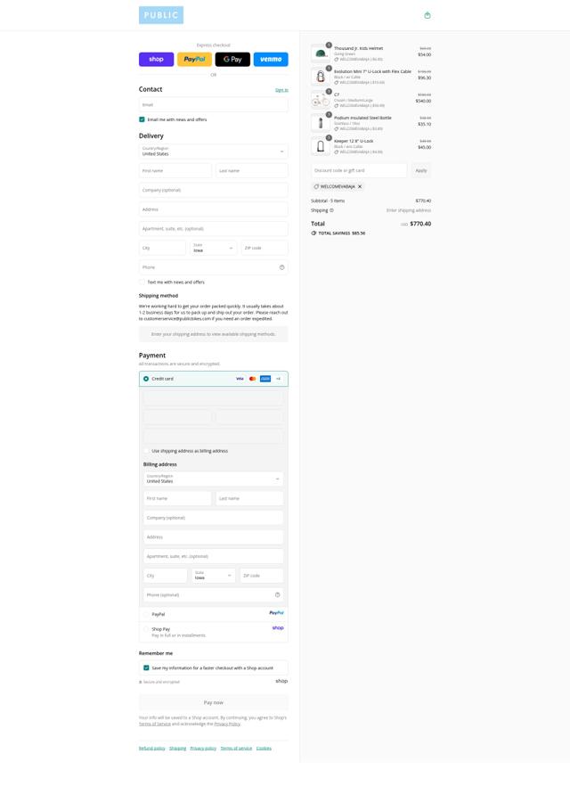 Public Bikes checkout page showing Public Bikes promo code box | Screenshot taken by SimplyCodes community member on Sep 11, 2025