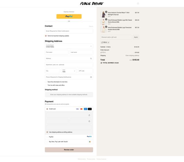 Public Desire US checkout page showing Public Desire US promo code box | Screenshot taken by SimplyCodes community member on Sep 12, 2025