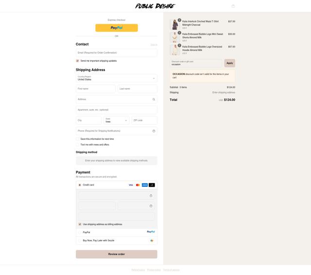 Public Desire US checkout page showing Public Desire US promo code box | Screenshot taken by SimplyCodes community member on Sep 12, 2025