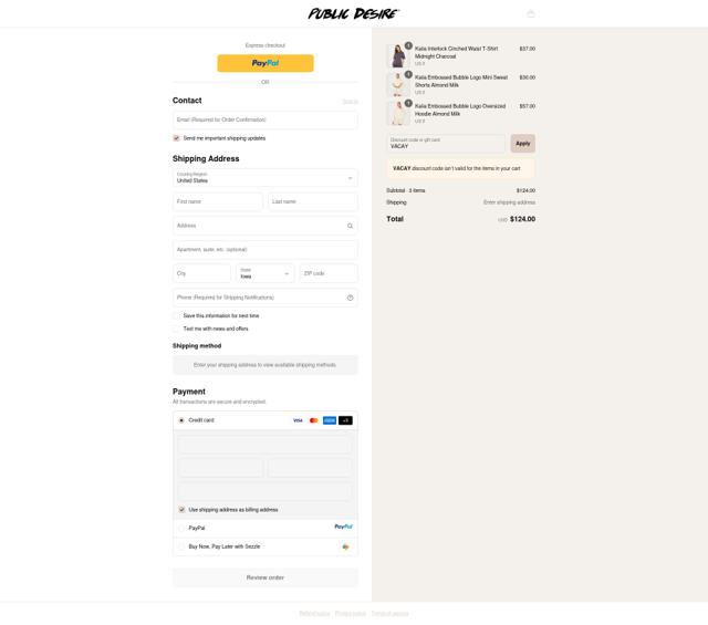 Public Desire US checkout page showing Public Desire US promo code box | Screenshot taken by SimplyCodes community member on Sep 12, 2025