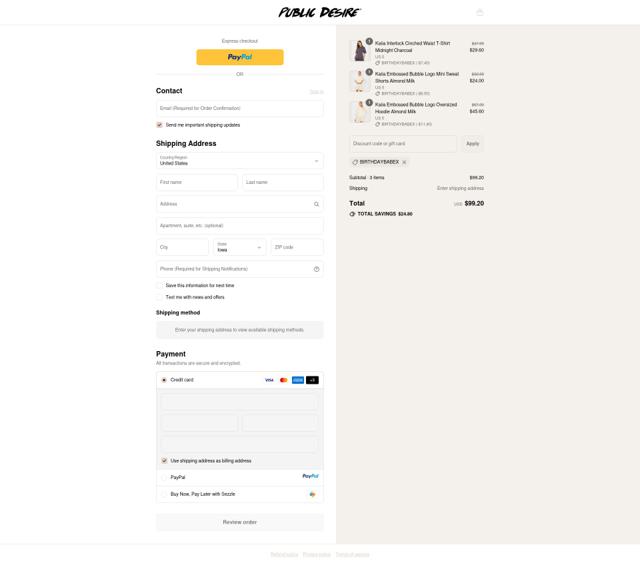 Public Desire US checkout page showing Public Desire US promo code box | Screenshot taken by SimplyCodes community member on Sep 12, 2025