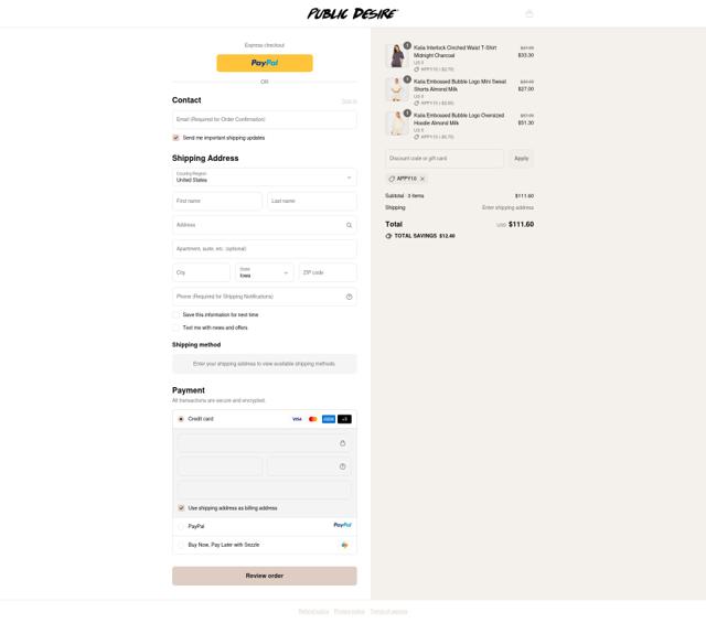 Public Desire US checkout page showing Public Desire US promo code box | Screenshot taken by SimplyCodes community member on Sep 12, 2025